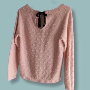 Peachy Pink Long Sleeve Sweater with Black Ribbon Tie Size M